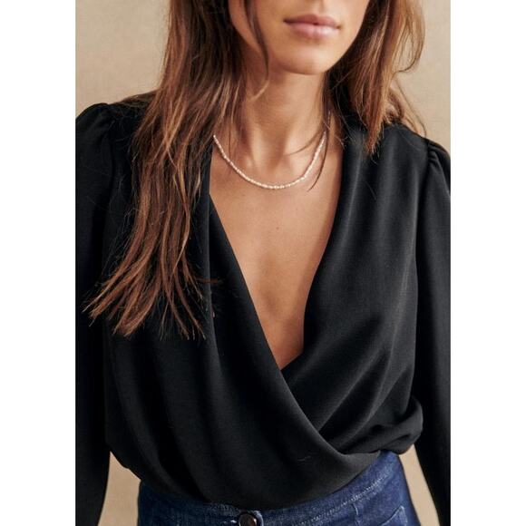Sezane Abelia Longsleeve V-Neck Wrap Blouse Black Sz 4 - Picture 2 of 8